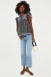 Black Everly Embroidery Flutter Sleeve Top